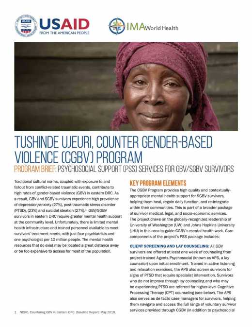 Tushinde Ujeuri, Counter Gender-Based Violence (CGBV) Program: Psychosocial support services (PSS) for GBV/SGBV survivors