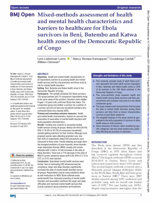 Mixed-methods assessment of health and mental health characteristics and barriers to healthcare for Ebola survivors in Beni, Butembo and Katwa health zones of the Democratic Republic of Congo
