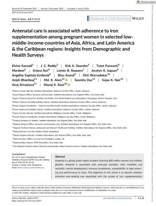 Antenatal care is associated with adherence to iron supplementation among pregnant women in selected low-middle-income-countries of Asia, Africa, and Latin America & the Caribbean regions: Insights from Demographic and Health Surveys