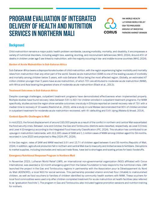 Integrated Delivery of Health and Nutrition Services in Northern Mali Program Evaluation